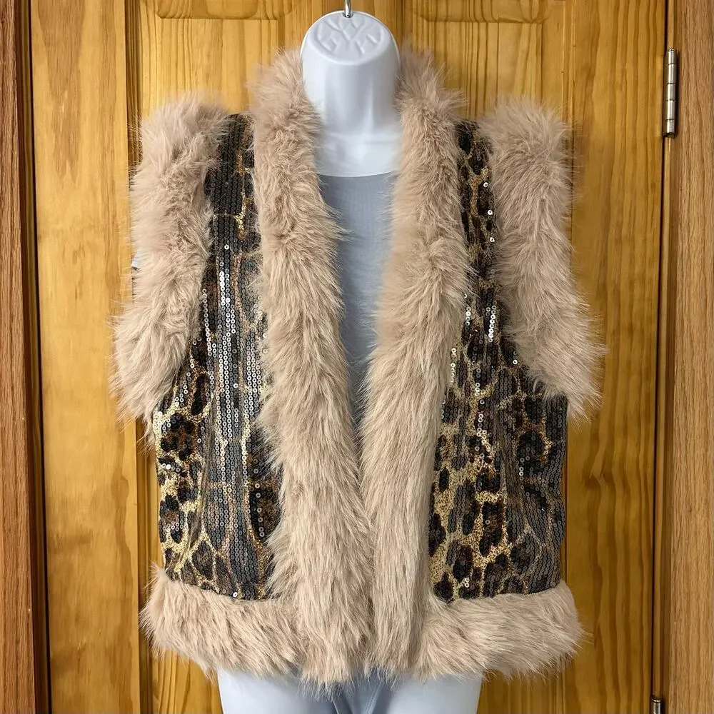 NWT, Women’s One-Size Leopard Sequin Faux Fur Trim Vest, K643 - Picture 8 of 14